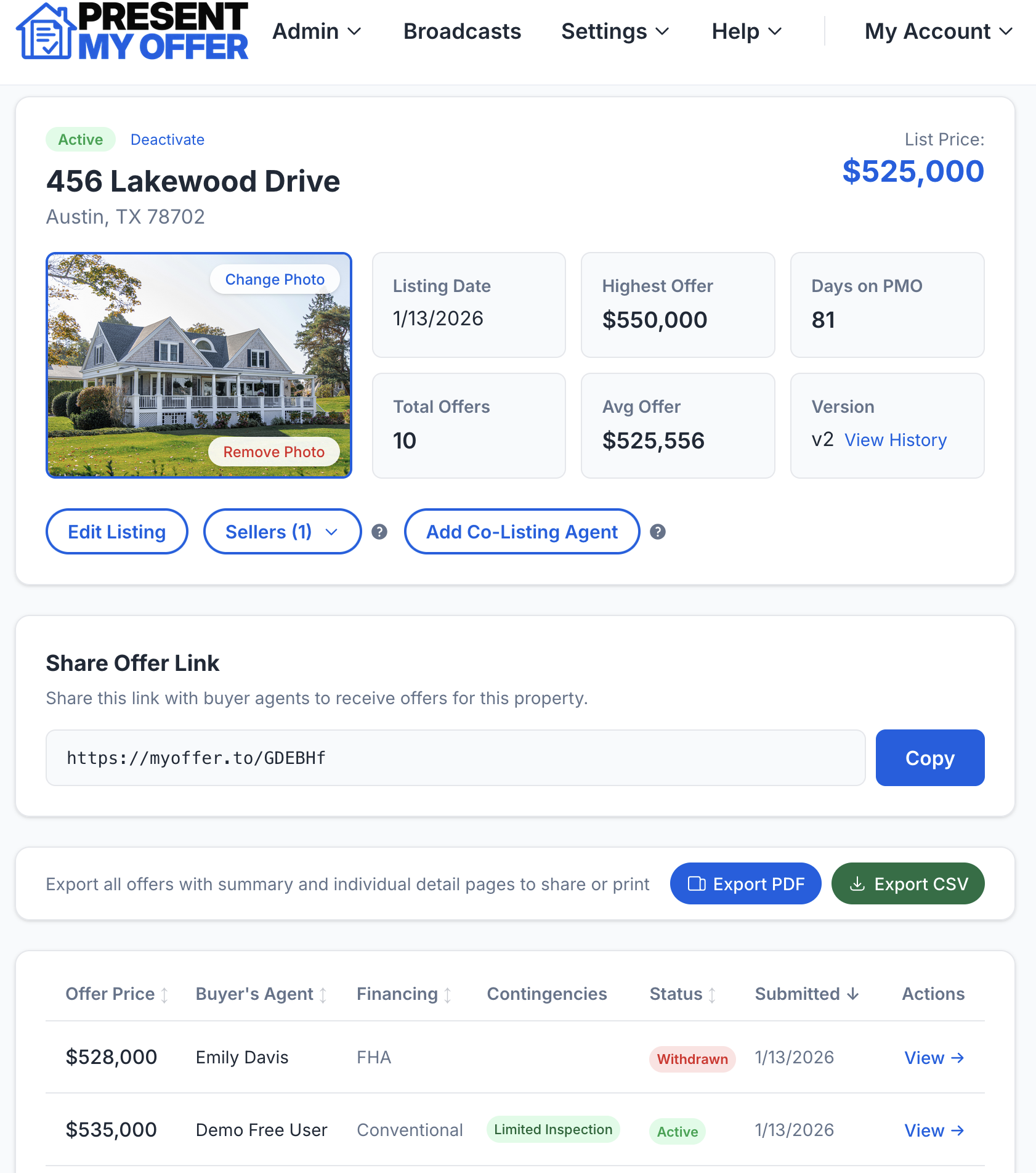 Present My Offer listing dashboard showing property details, offers, and export options